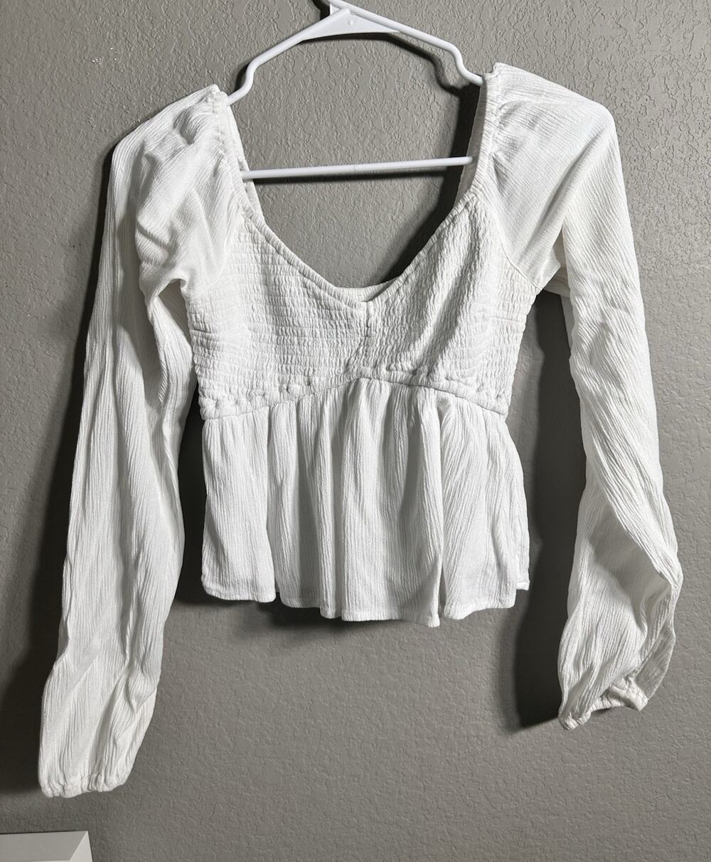 Hollister Women’s White Solid Smocked V-Neck Long Sleeve Pullover Blouse XS